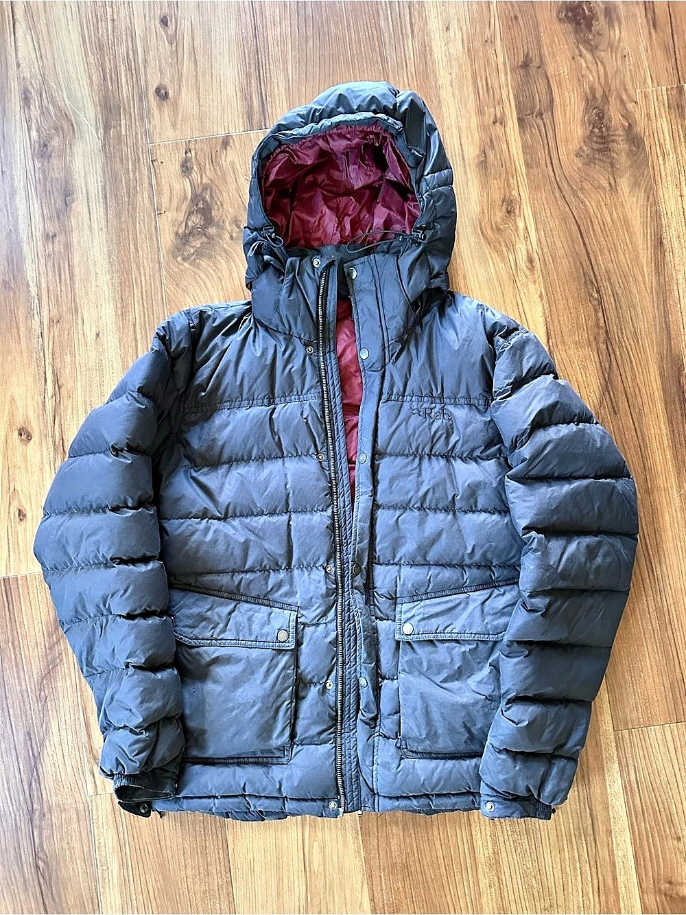 RAB Sanctuary Down Puffer Jacket - Hooded - Men's M - Gray/ Burgundy